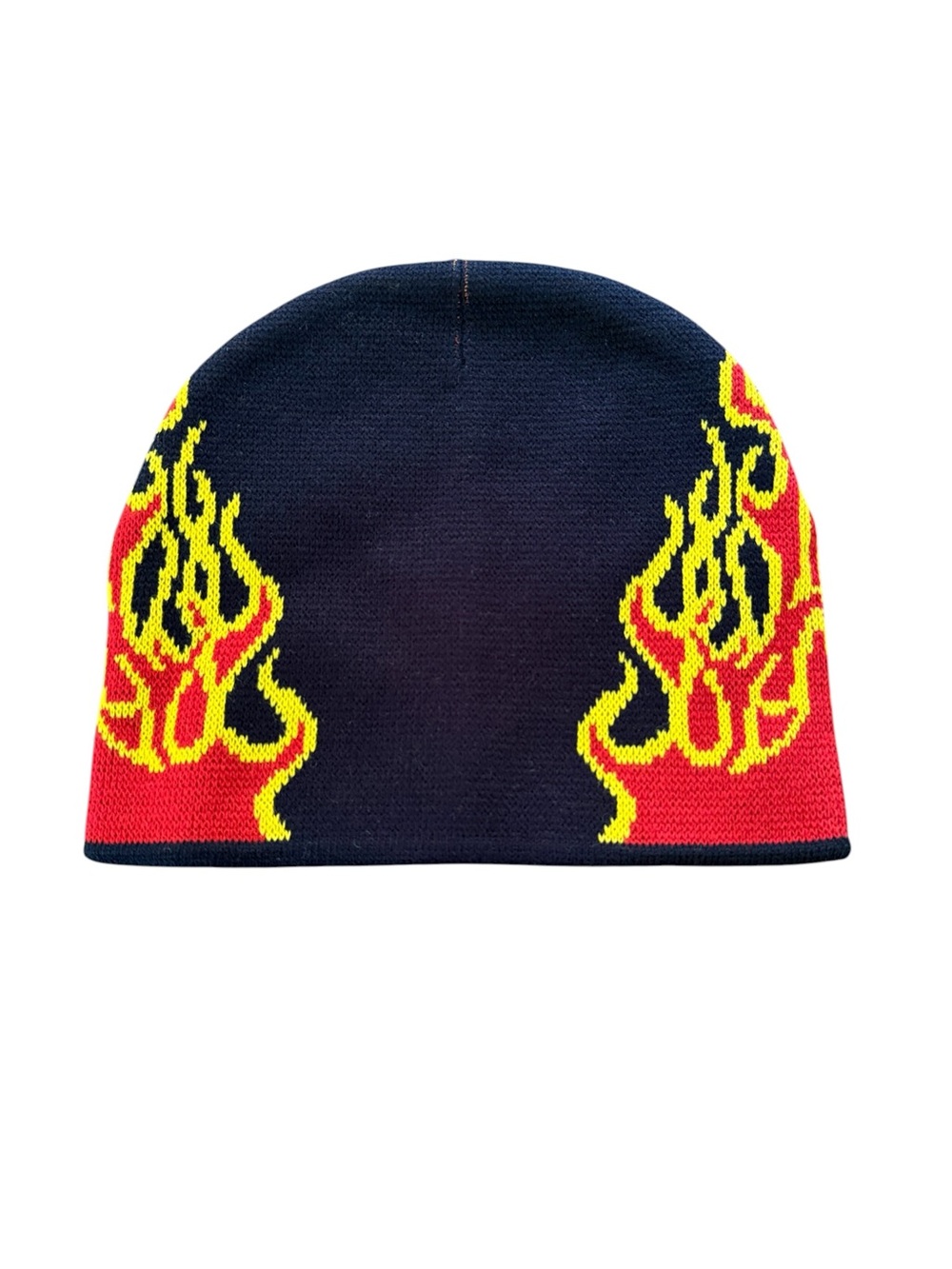 Vintage Black & Flaming Graphic Winter Beanie Yellow Red Skater Hat Biker Toque